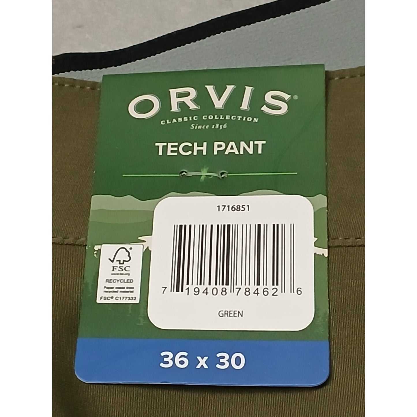 Orvis (36x30) Men's Olive Green Dri-Fit Straight Tech Pants