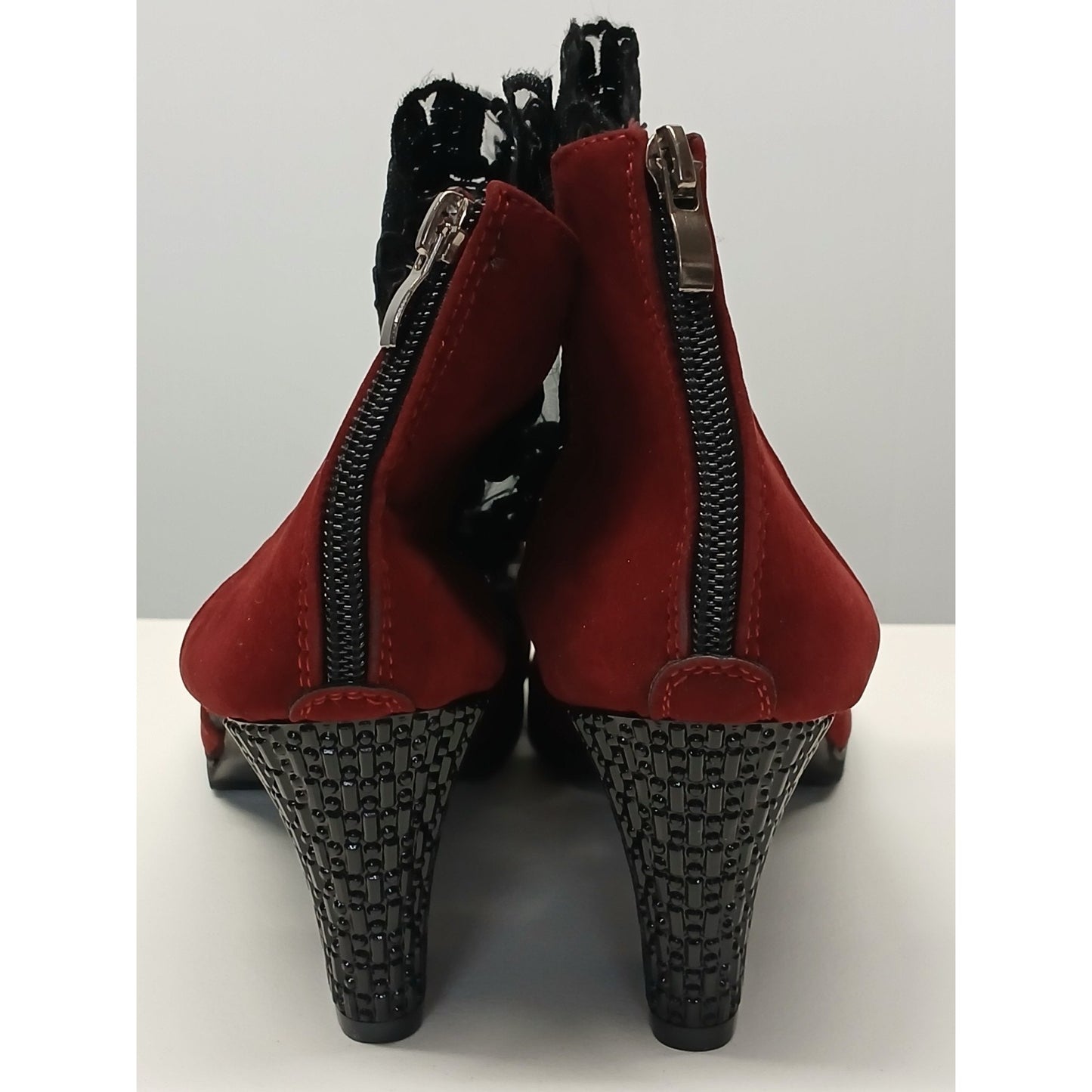 Multicolor (9.5) Peep-Toe Lace Accent Ankle Bootie Heels
