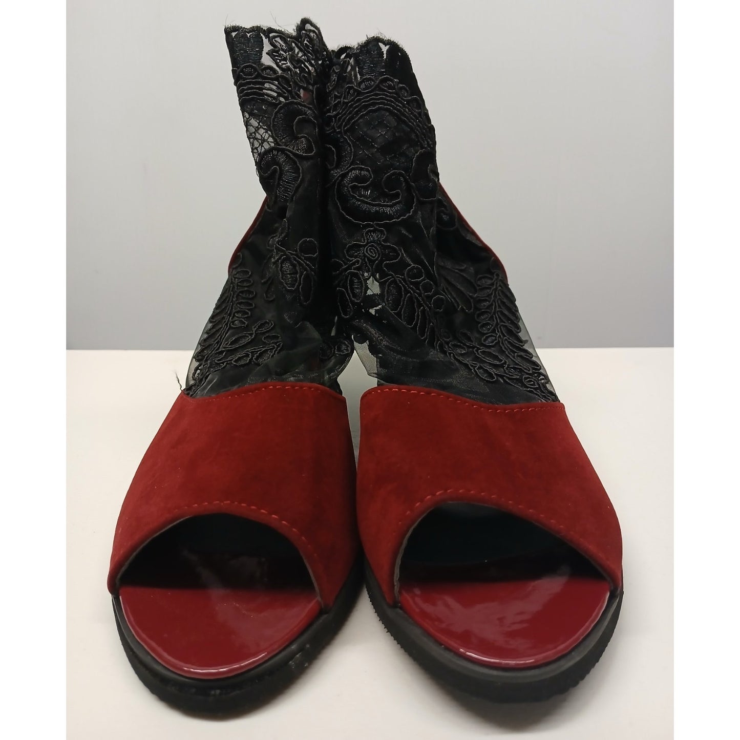 Multicolor (9.5) Peep-Toe Lace Accent Ankle Bootie Heels